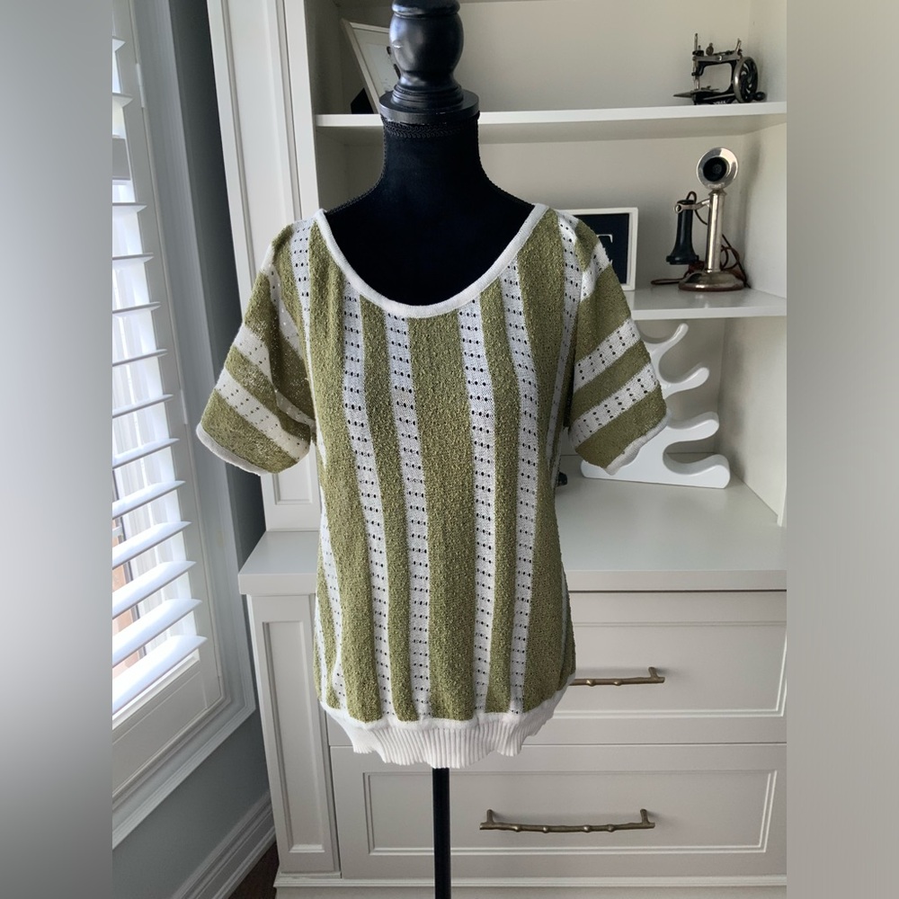 Vintage 90’S Knitted Green White Stripe Short Sleeve Scoop Neck Shirt SZ Medium